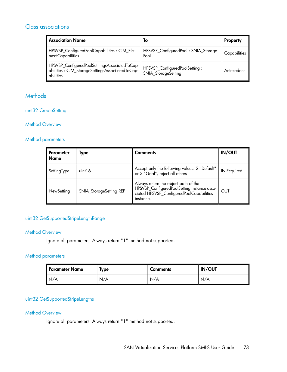 Class associations, Methods, Uint32 createsetting | Method overview, Method parameters, Uint32 getsupportedstripelengthrange, Uint32 getsupportedstripelengths, 73 methods | HP SAN Virtualization Services Platform User Manual | Page 73 / 324