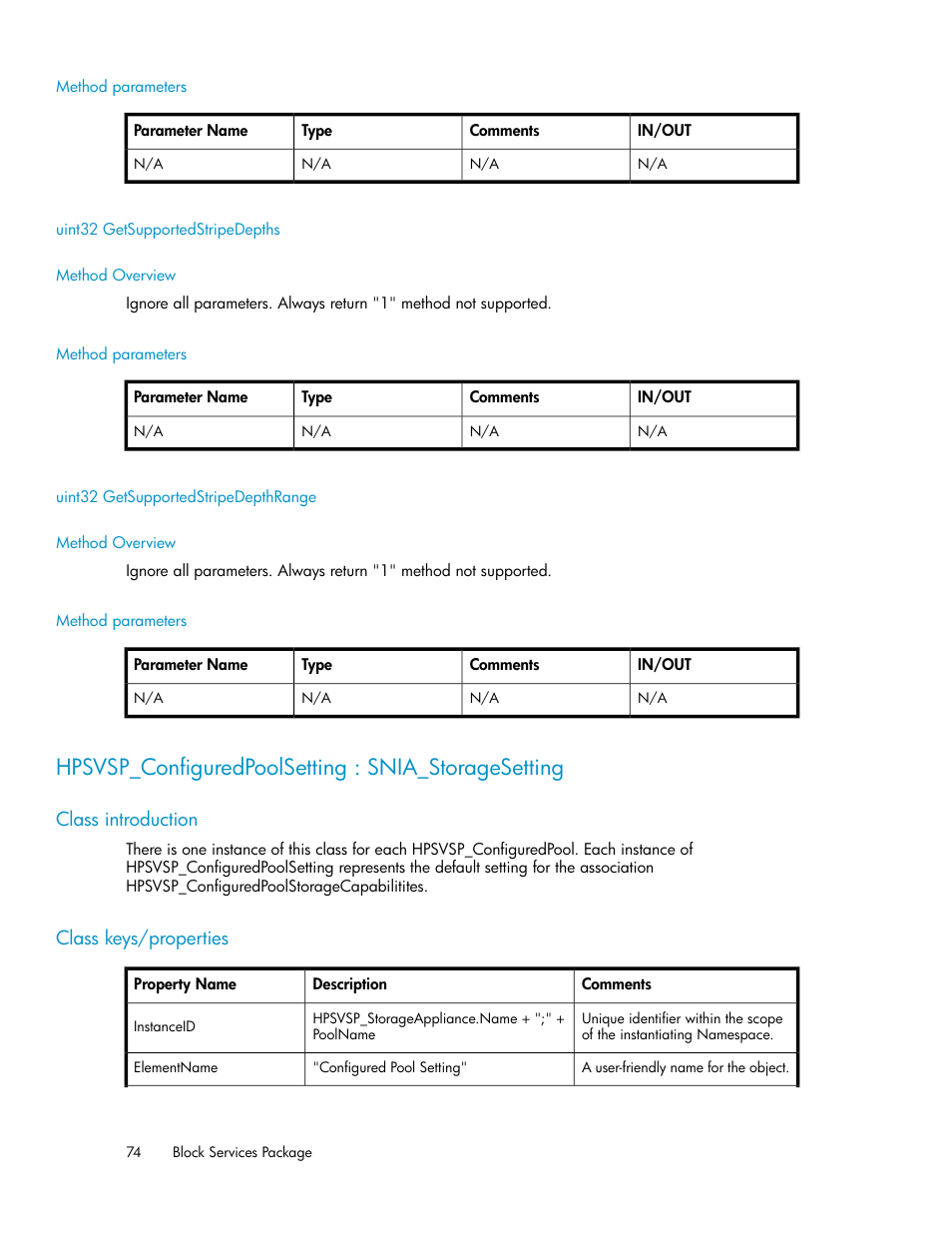 Method parameters, Uint32 getsupportedstripedepths, Method overview | Uint32 getsupportedstripedepthrange, Hpsvsp_configuredpoolsetting : snia_storagesetting, Class introduction, Class keys/properties, 74 class keys/properties | HP SAN Virtualization Services Platform User Manual | Page 74 / 324