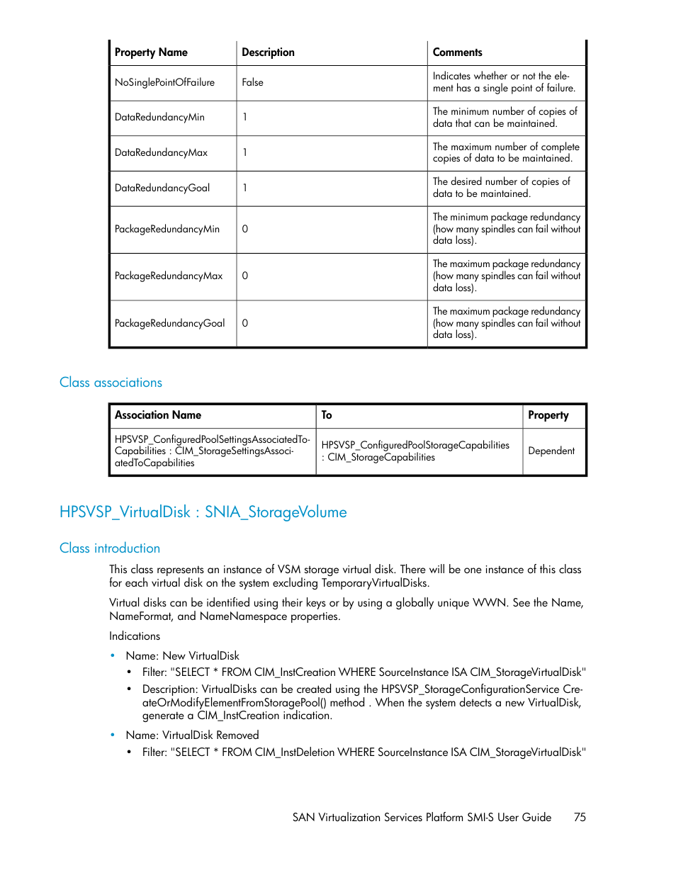 Class associations, Hpsvsp_virtualdisk : snia_storagevolume, Class introduction | HP SAN Virtualization Services Platform User Manual | Page 75 / 324