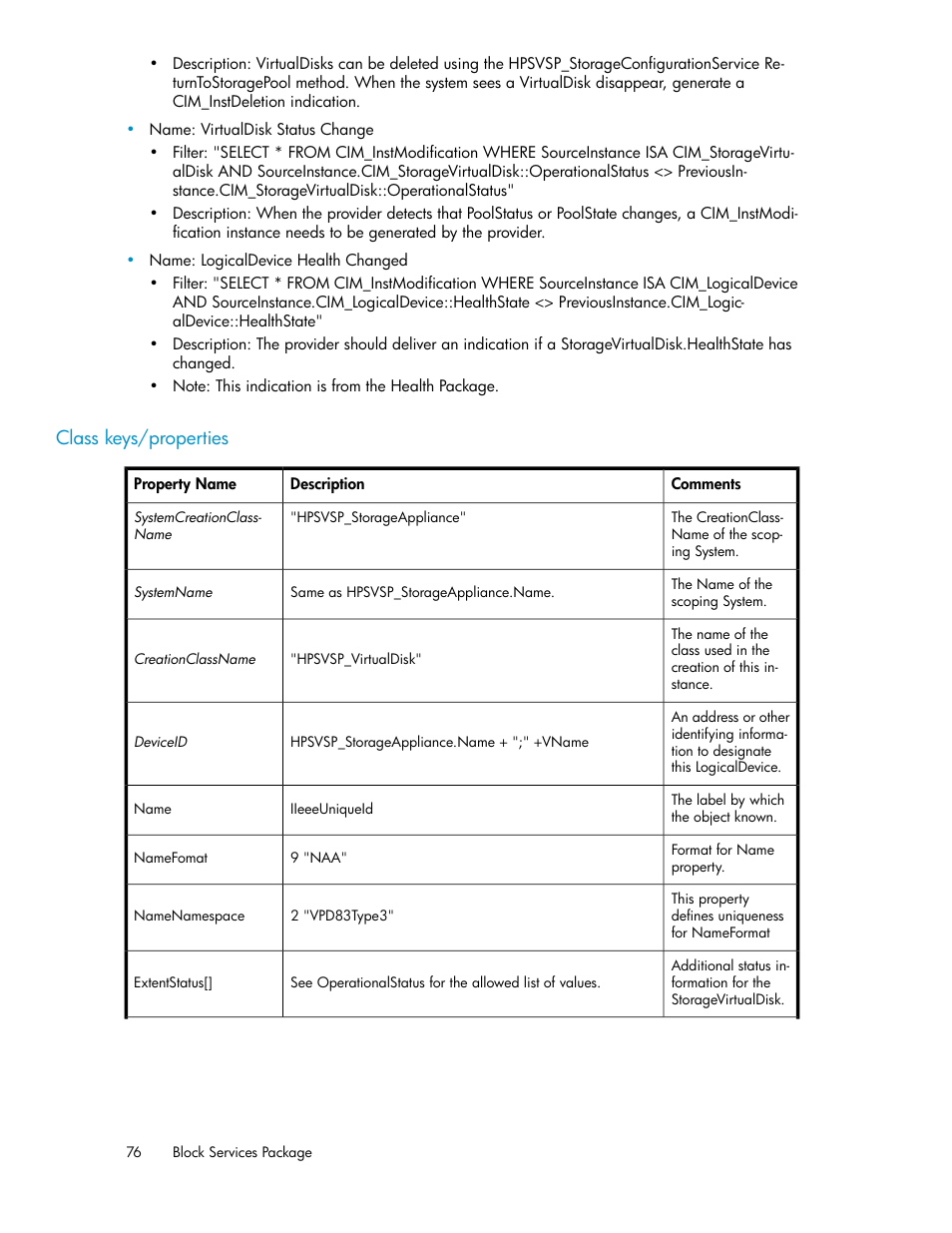 Class keys/properties | HP SAN Virtualization Services Platform User Manual | Page 76 / 324