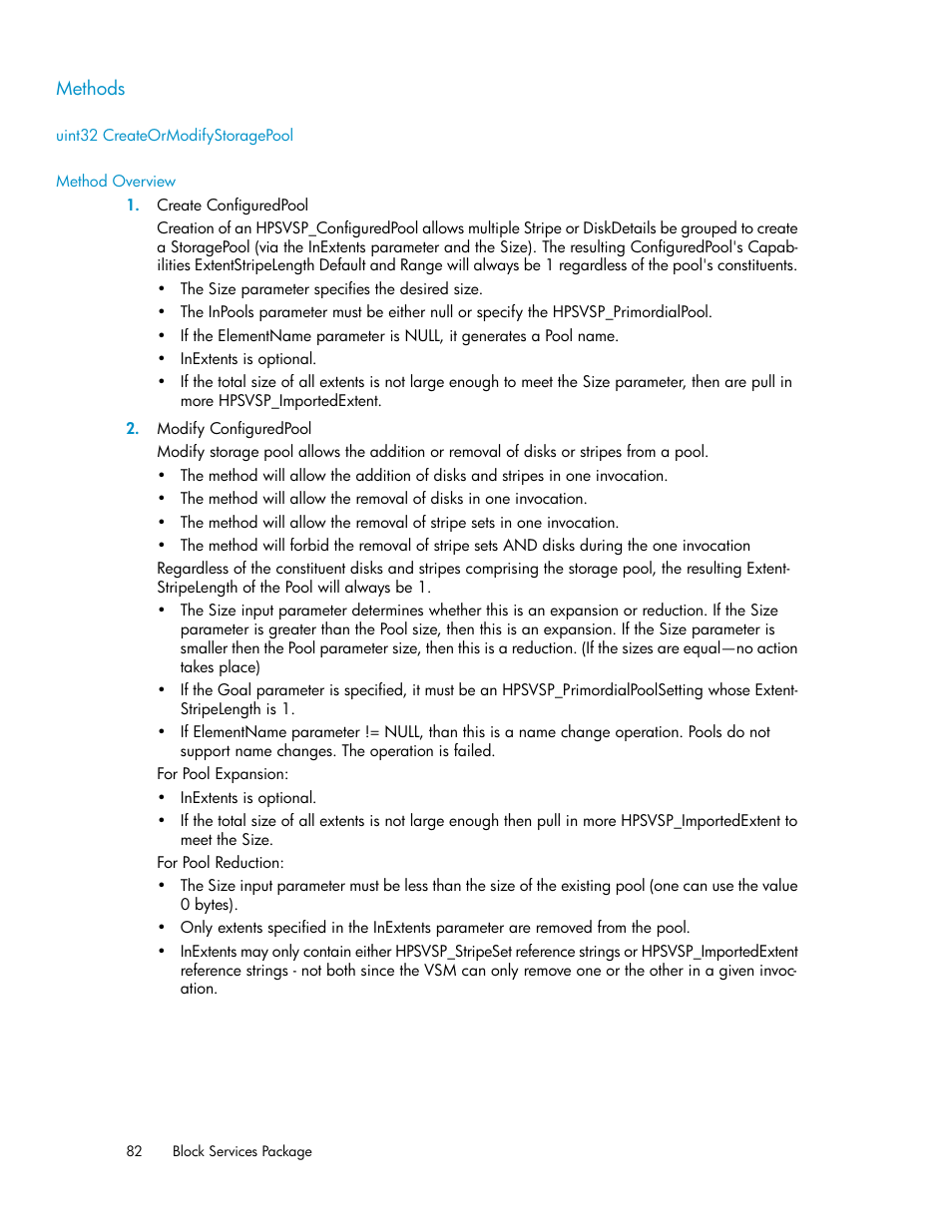 Methods, Uint32 createormodifystoragepool, Method overview | HP SAN Virtualization Services Platform User Manual | Page 82 / 324