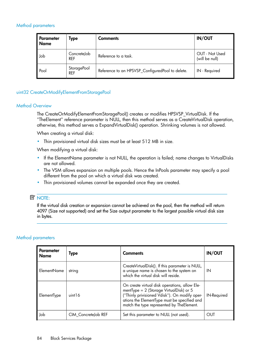 Method parameters, Uint32 createormodifyelementfromstoragepool, Method overview | HP SAN Virtualization Services Platform User Manual | Page 84 / 324