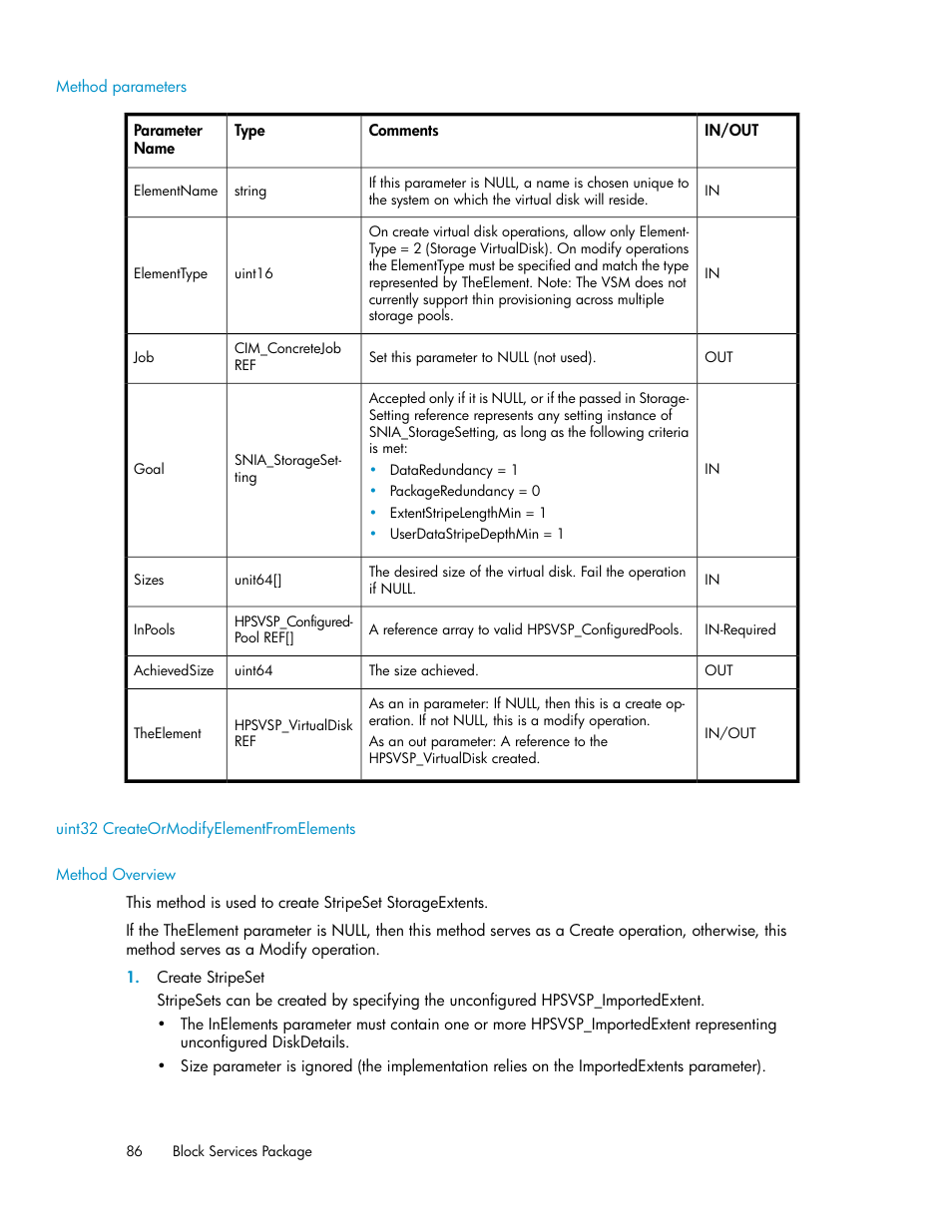 Method parameters, Uint32 createormodifyelementfromelements, Method overview | HP SAN Virtualization Services Platform User Manual | Page 86 / 324