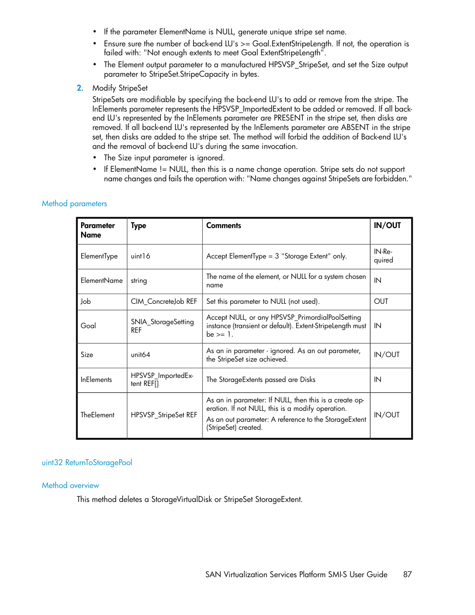 Method parameters, Uint32 returntostoragepool, Method overview | HP SAN Virtualization Services Platform User Manual | Page 87 / 324