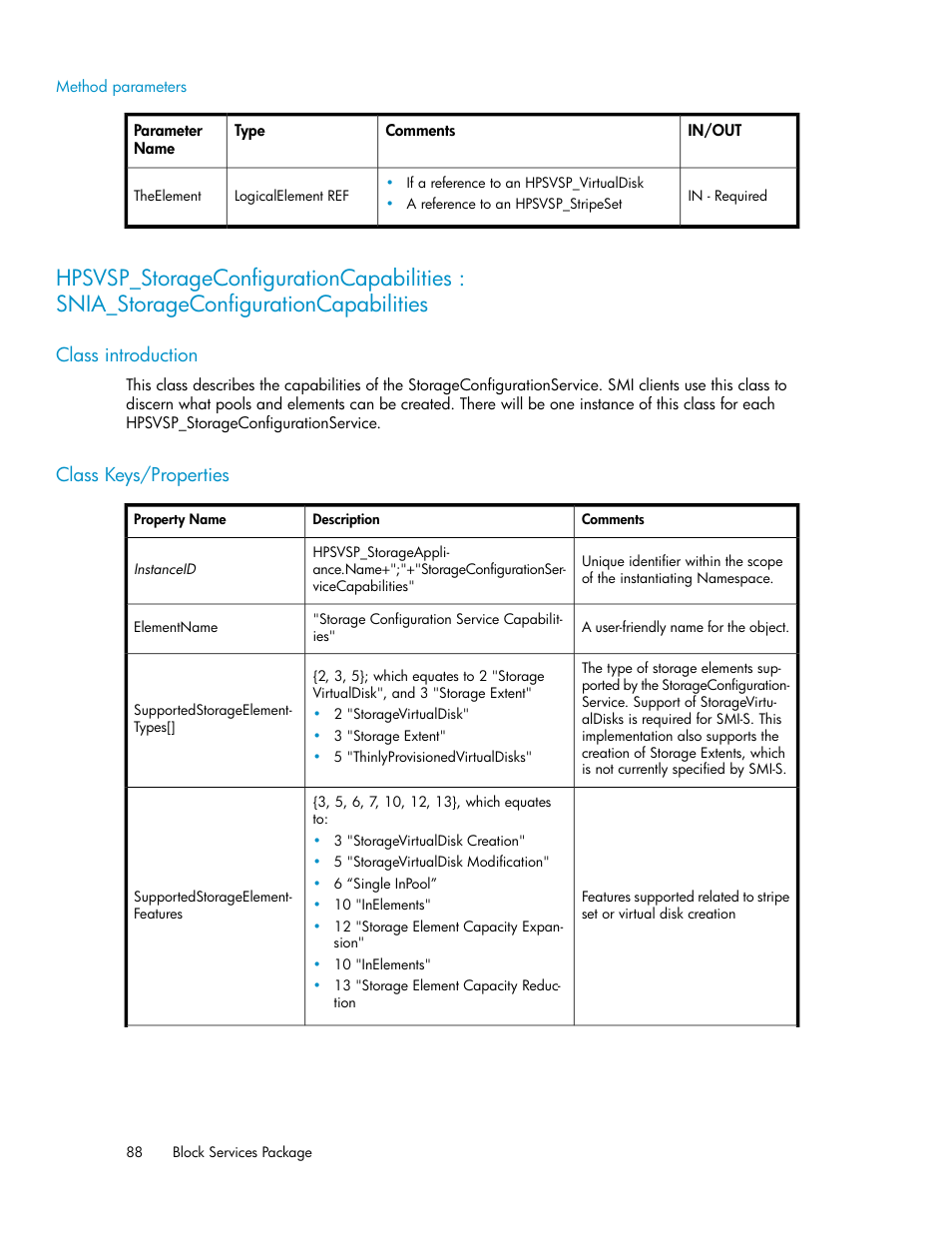 Method parameters, Class introduction, Class keys/properties | 88 class keys/properties | HP SAN Virtualization Services Platform User Manual | Page 88 / 324