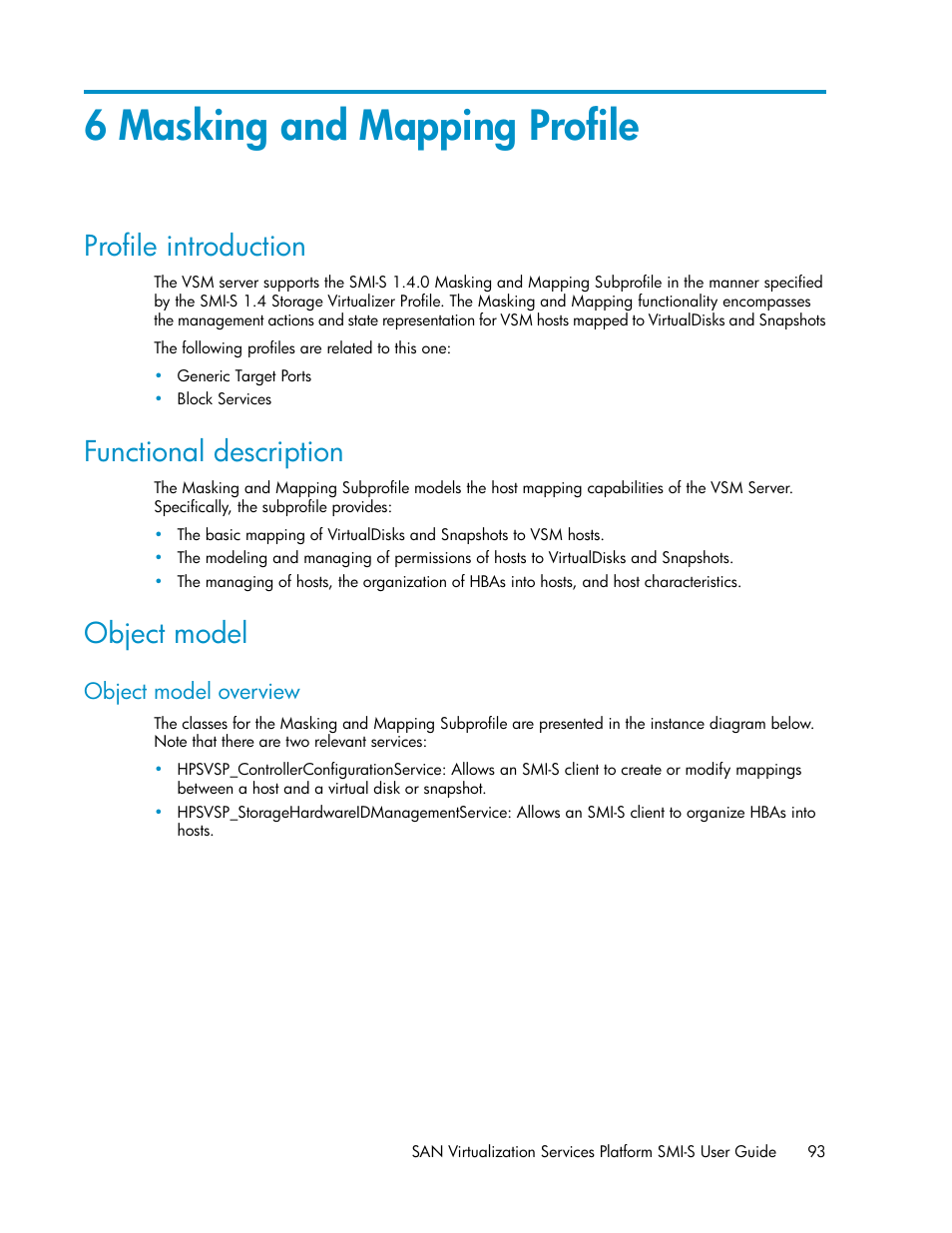 6 masking and mapping profile, Profile introduction, Functional description | Object model, Object model overview, 93 functional description, 93 object model | HP SAN Virtualization Services Platform User Manual | Page 93 / 324