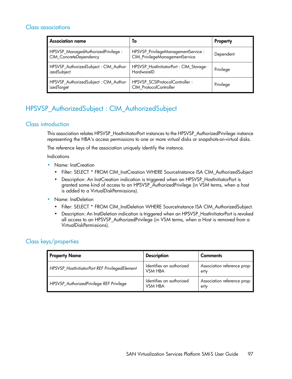 Class associations, Hpsvsp_authorizedsubject : cim_authorizedsubject, Class introduction | Class keys/properties, 97 class keys/properties | HP SAN Virtualization Services Platform User Manual | Page 97 / 324