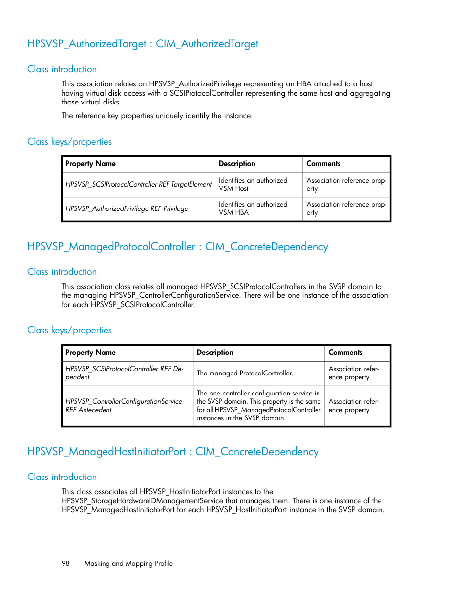 Hpsvsp_authorizedtarget : cim_authorizedtarget, Class introduction, Class keys/properties | 98 class keys/properties | HP SAN Virtualization Services Platform User Manual | Page 98 / 324