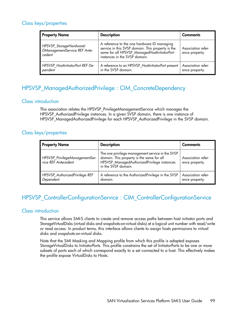 Class keys/properties, Class introduction, 99 class keys/properties | HP SAN Virtualization Services Platform User Manual | Page 99 / 324