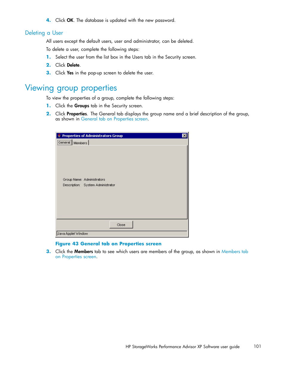 Deleting a user, Viewing group properties, General tab on properties screen | HP XP Performance Advisor Software User Manual | Page 101 / 165