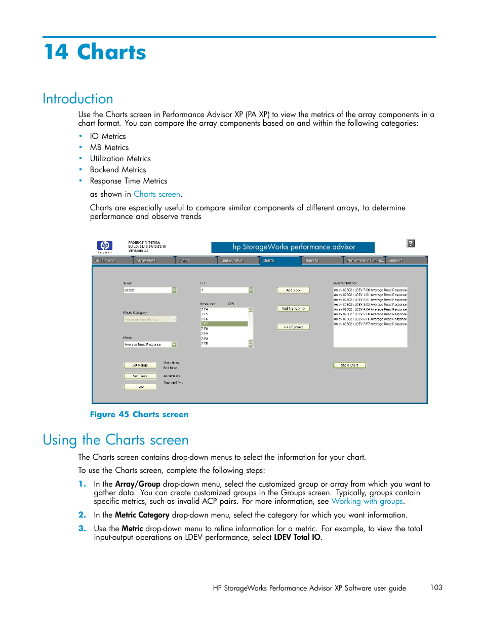 14 charts, Introduction, Using the charts screen | Charts screen, Charts | HP XP Performance Advisor Software User Manual | Page 103 / 165