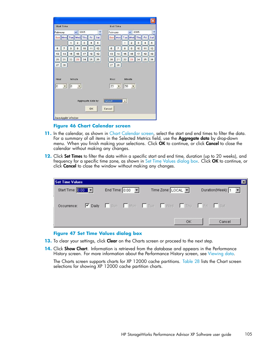 Chart calendar screen, Set time values dialog box | HP XP Performance Advisor Software User Manual | Page 105 / 165