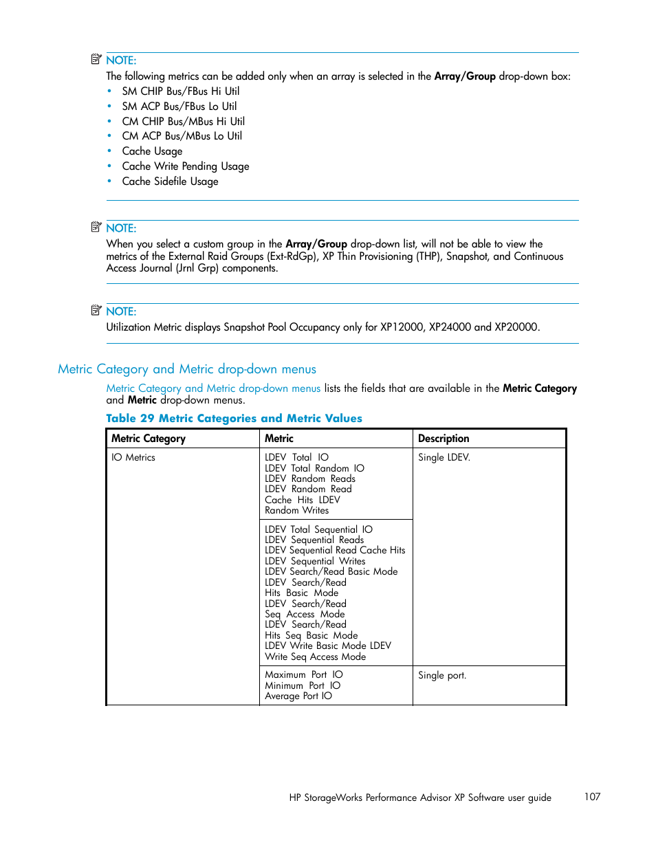 Metric category and metric drop-down menus, Metric categories and metric values | HP XP Performance Advisor Software User Manual | Page 107 / 165