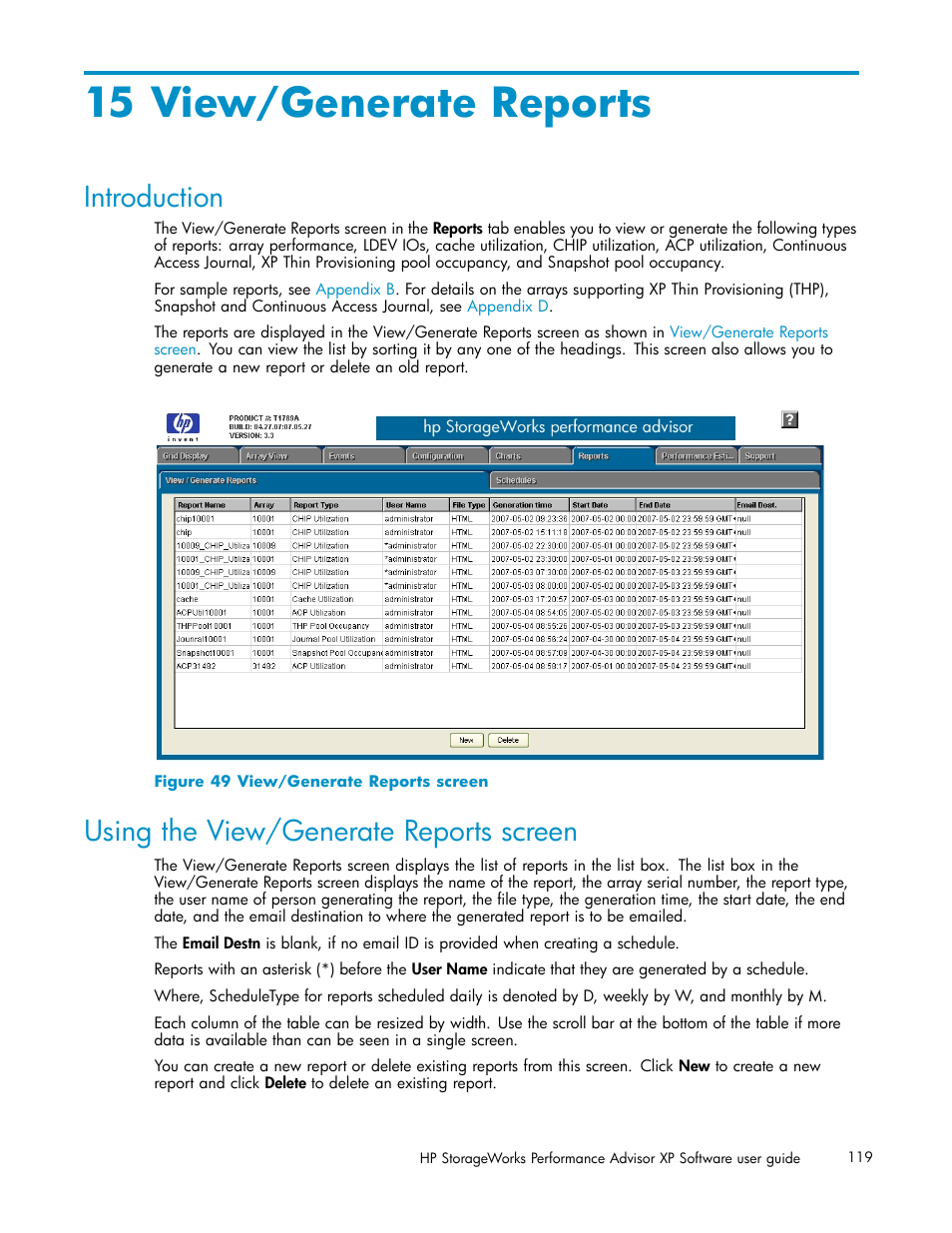 15 view/generate reports, Introduction, Using the view/generate reports screen | View/generate reports screen | HP XP Performance Advisor Software User Manual | Page 119 / 165