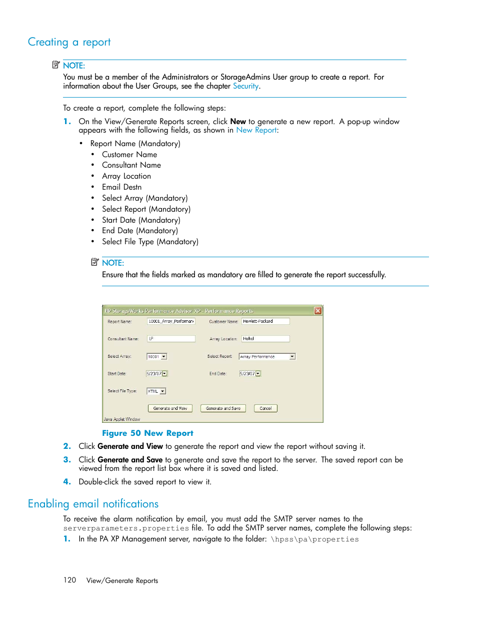 Creating a report, Enabling email notifications, New report | HP XP Performance Advisor Software User Manual | Page 120 / 165