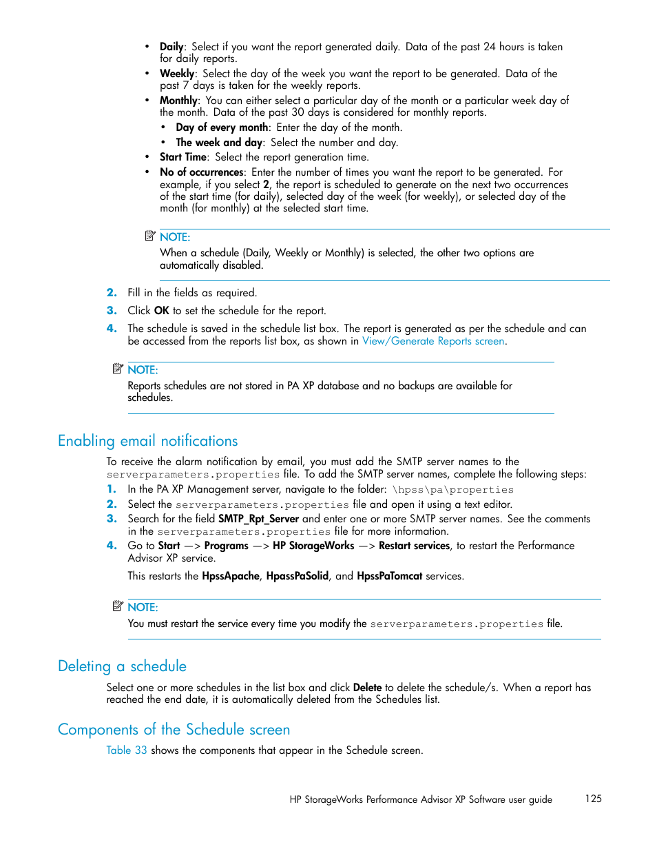 Enabling email notifications, Deleting a schedule, Components of the schedule screen | HP XP Performance Advisor Software User Manual | Page 125 / 165