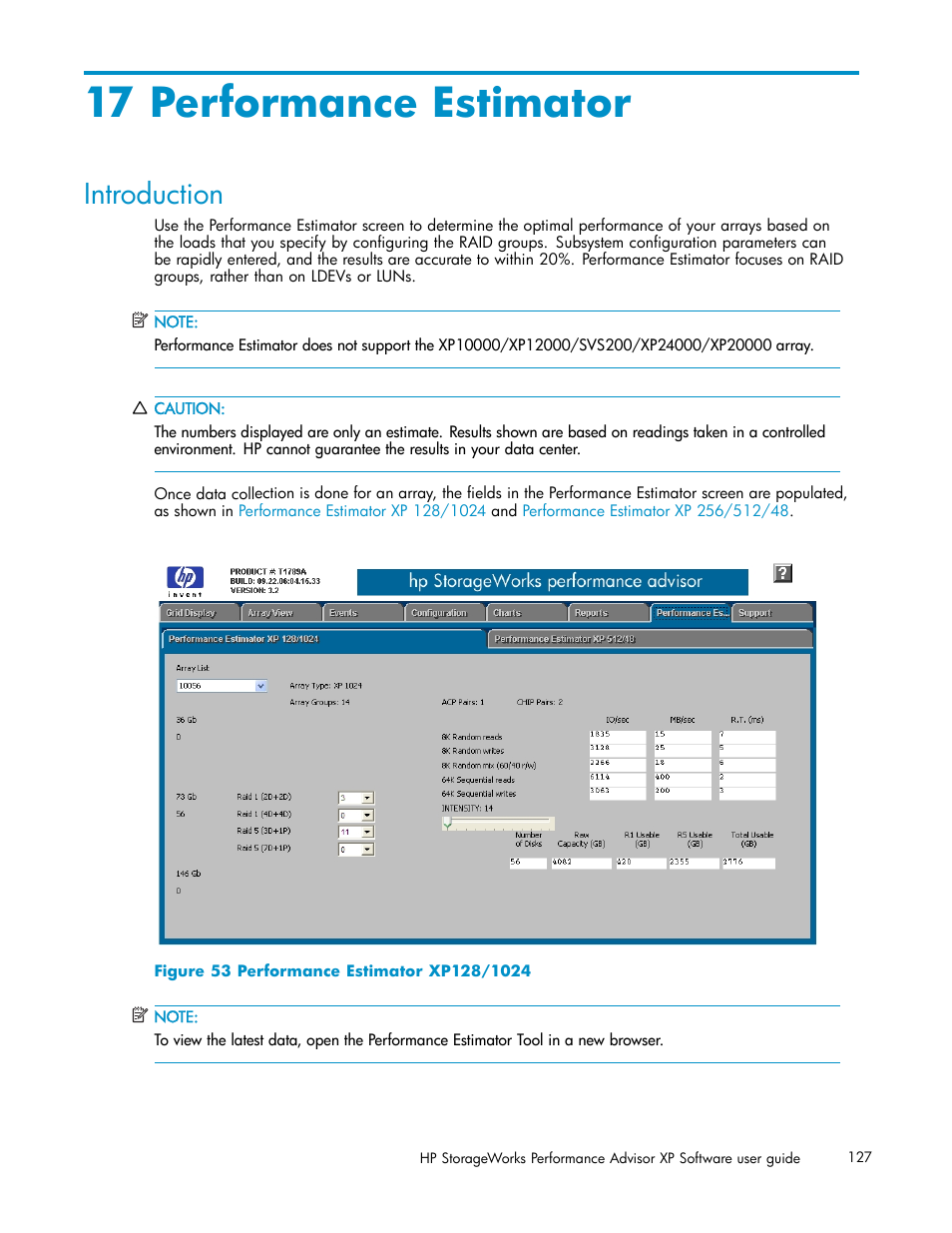 17 performance estimator, Introduction, Performance estimator xp128/1024 | HP XP Performance Advisor Software User Manual | Page 127 / 165