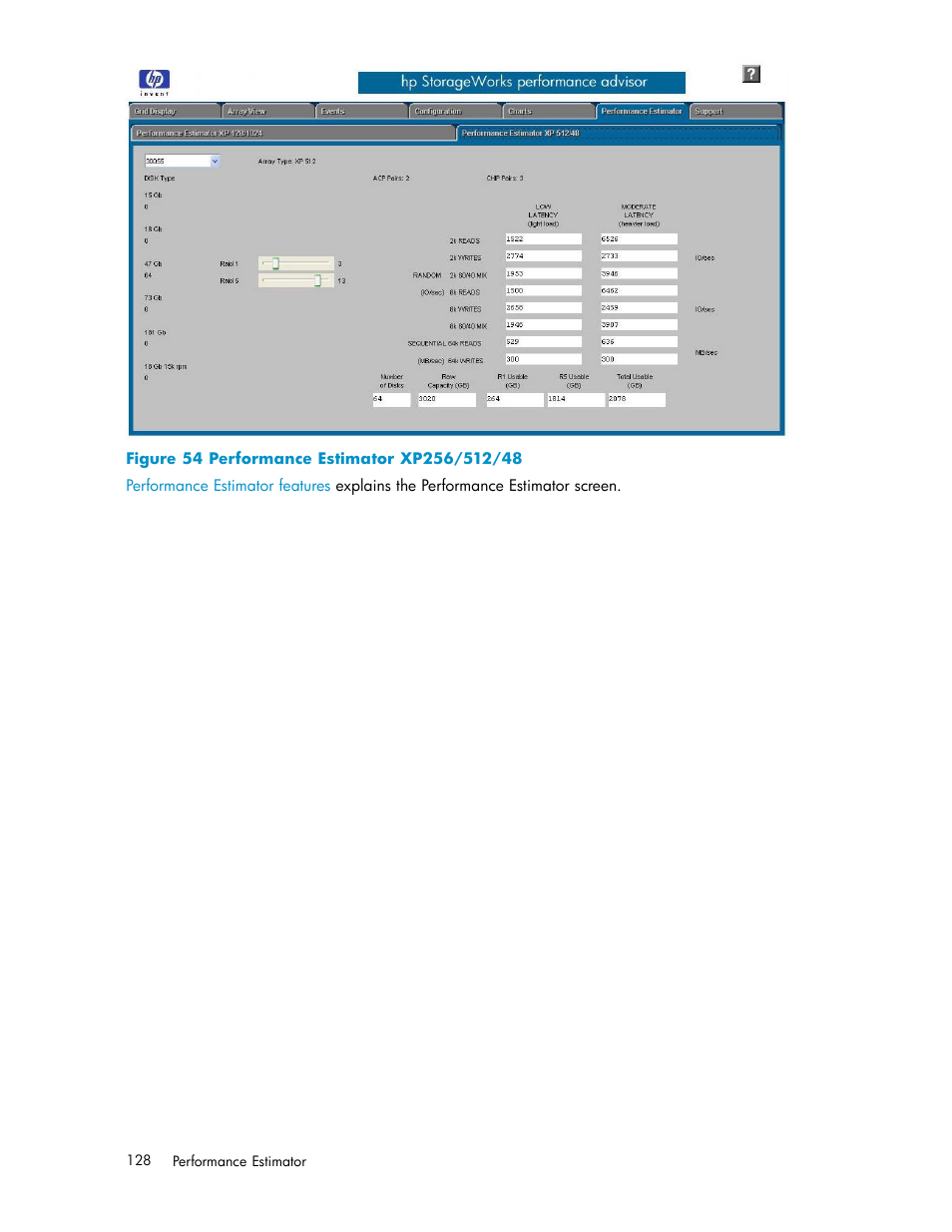 Performance estimator xp256/512/48 | HP XP Performance Advisor Software User Manual | Page 128 / 165