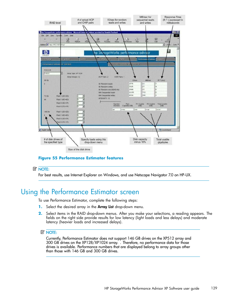 Using the performance estimator screen, Performance estimator features | HP XP Performance Advisor Software User Manual | Page 129 / 165