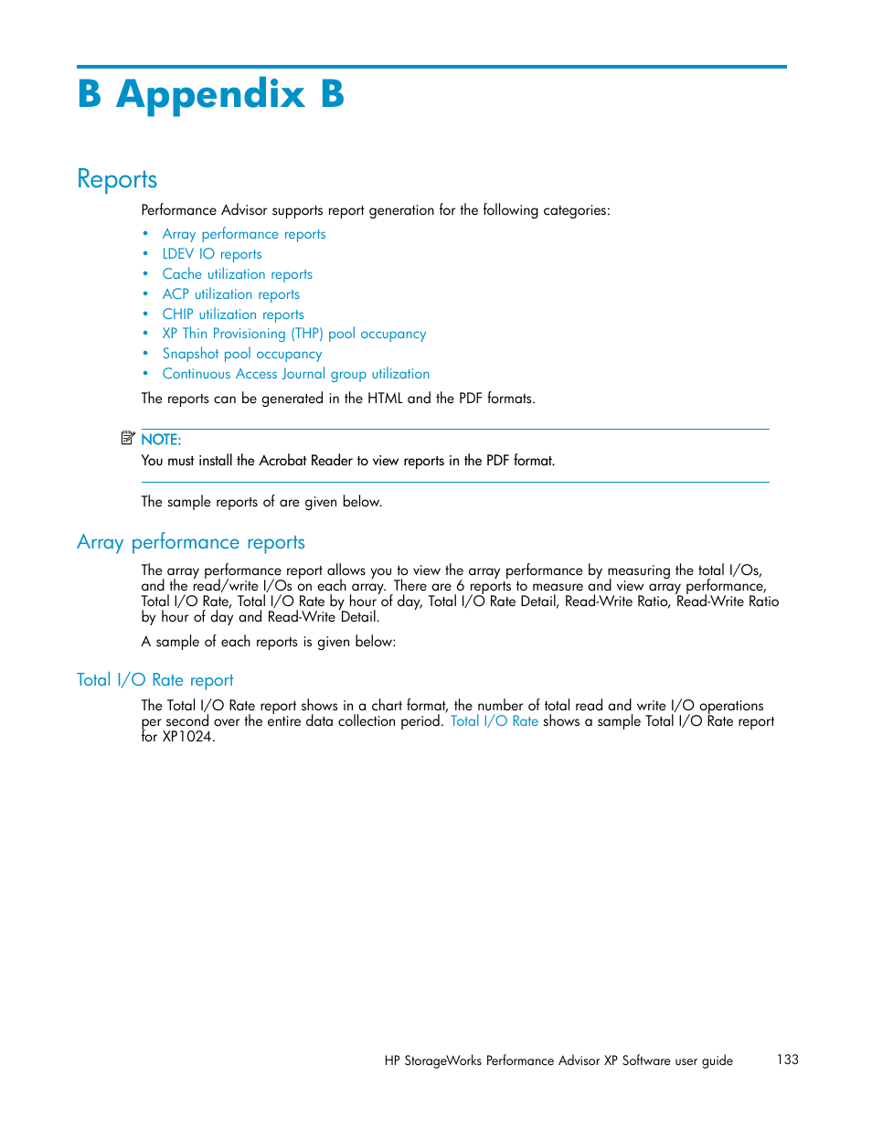 B appendix b, Reports, Array performance reports | Total i/o rate report, Appendix b | HP XP Performance Advisor Software User Manual | Page 133 / 165