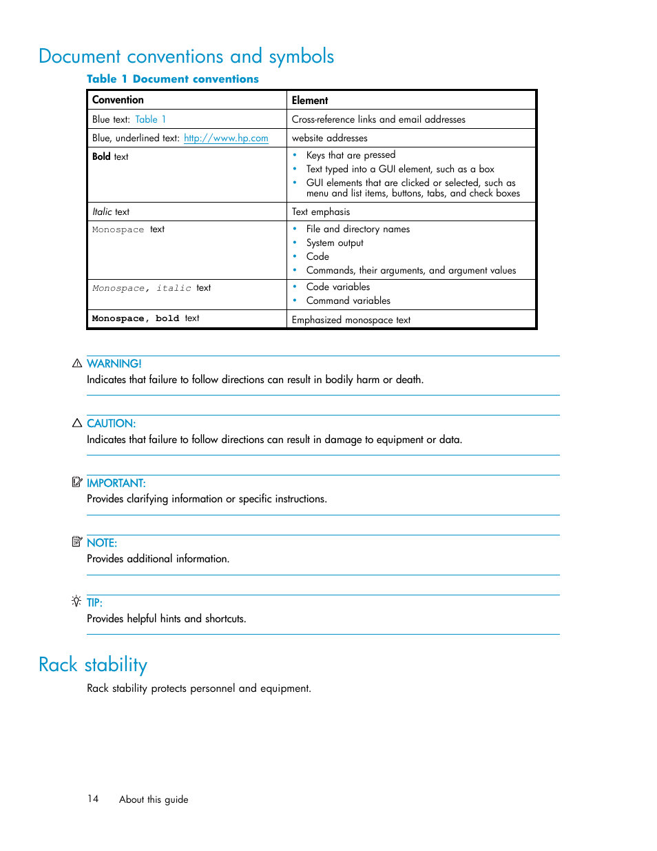 Document conventions and symbols, Rack stability, Document conventions | HP XP Performance Advisor Software User Manual | Page 14 / 165