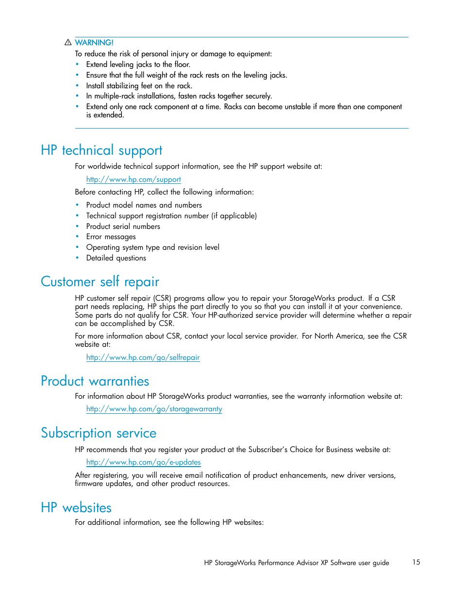 Hp technical support, Customer self repair, Product warranties | Subscription service, Hp websites | HP XP Performance Advisor Software User Manual | Page 15 / 165