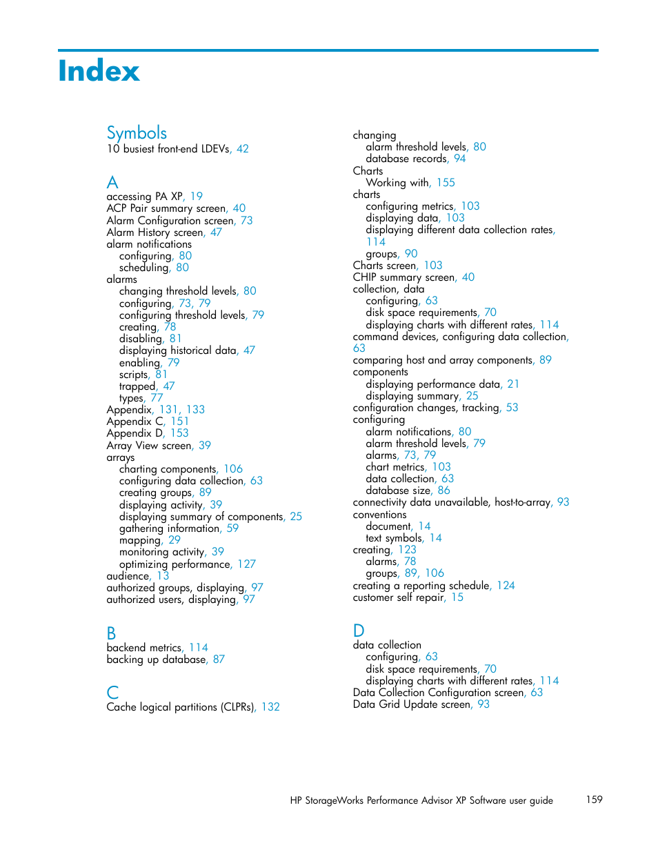 Index, Symbols | HP XP Performance Advisor Software User Manual | Page 159 / 165