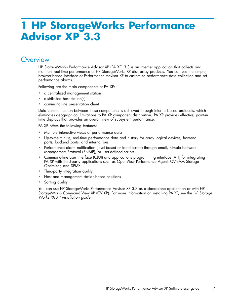 1 hp storageworks performance advisor xp 3.3, Overview | HP XP Performance Advisor Software User Manual | Page 17 / 165