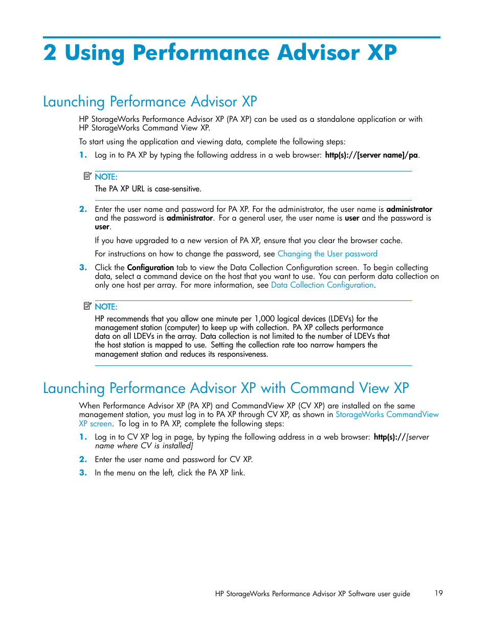 2 using performance advisor xp, Launching performance advisor xp | HP XP Performance Advisor Software User Manual | Page 19 / 165