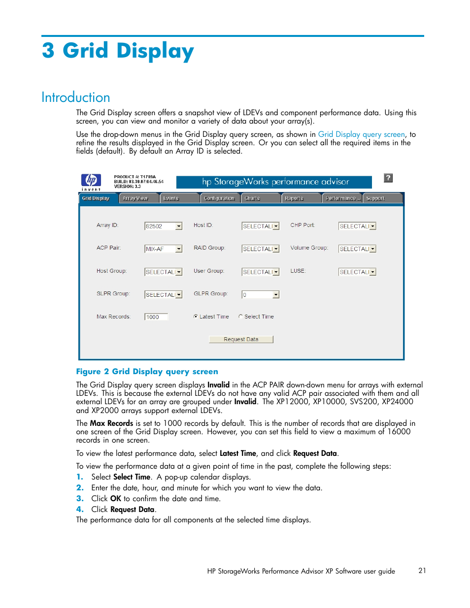 3 grid display, Introduction, Grid display query screen | HP XP Performance Advisor Software User Manual | Page 21 / 165