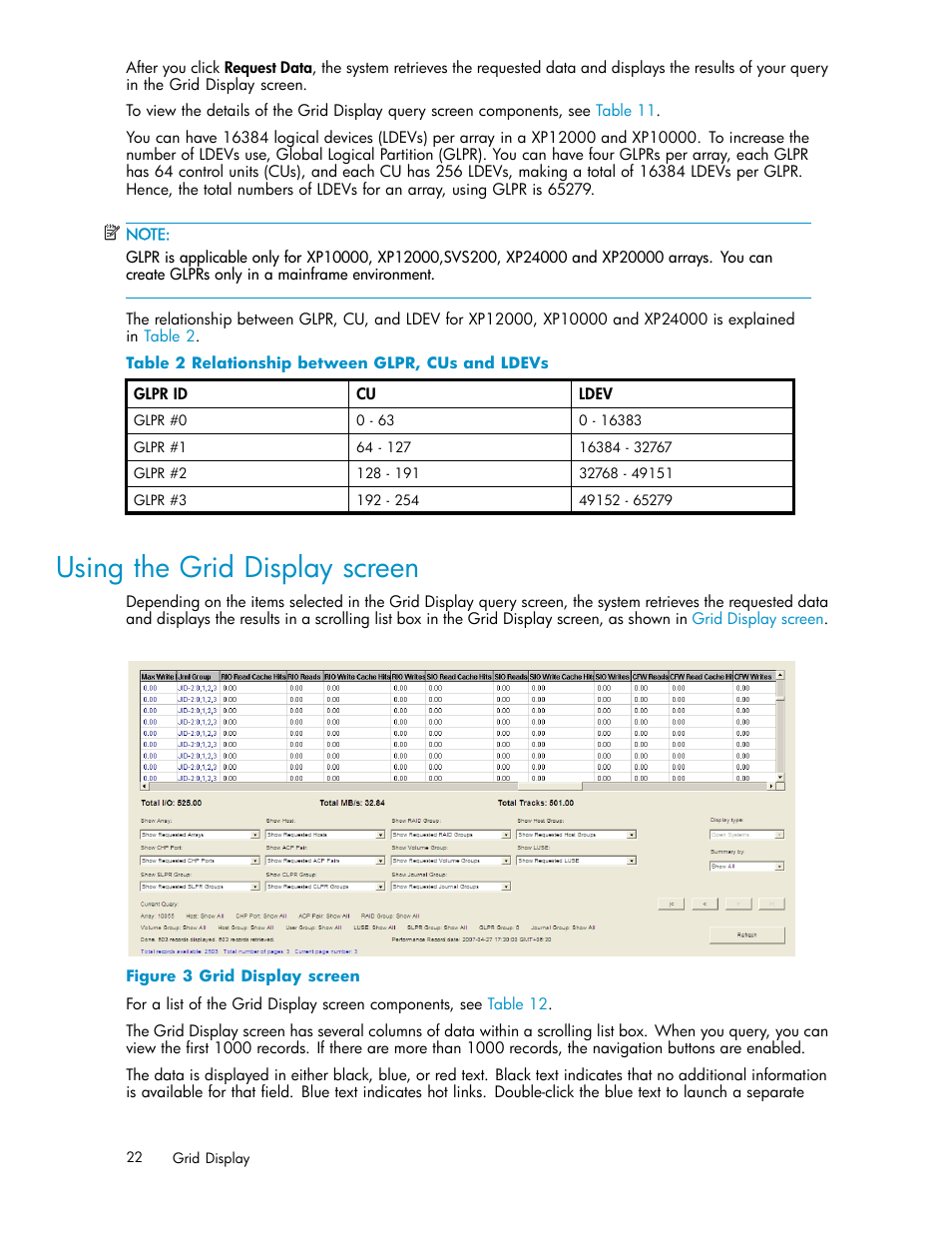 Using the grid display screen, Grid display screen, Relationship between glpr, cus and ldevs | HP XP Performance Advisor Software User Manual | Page 22 / 165