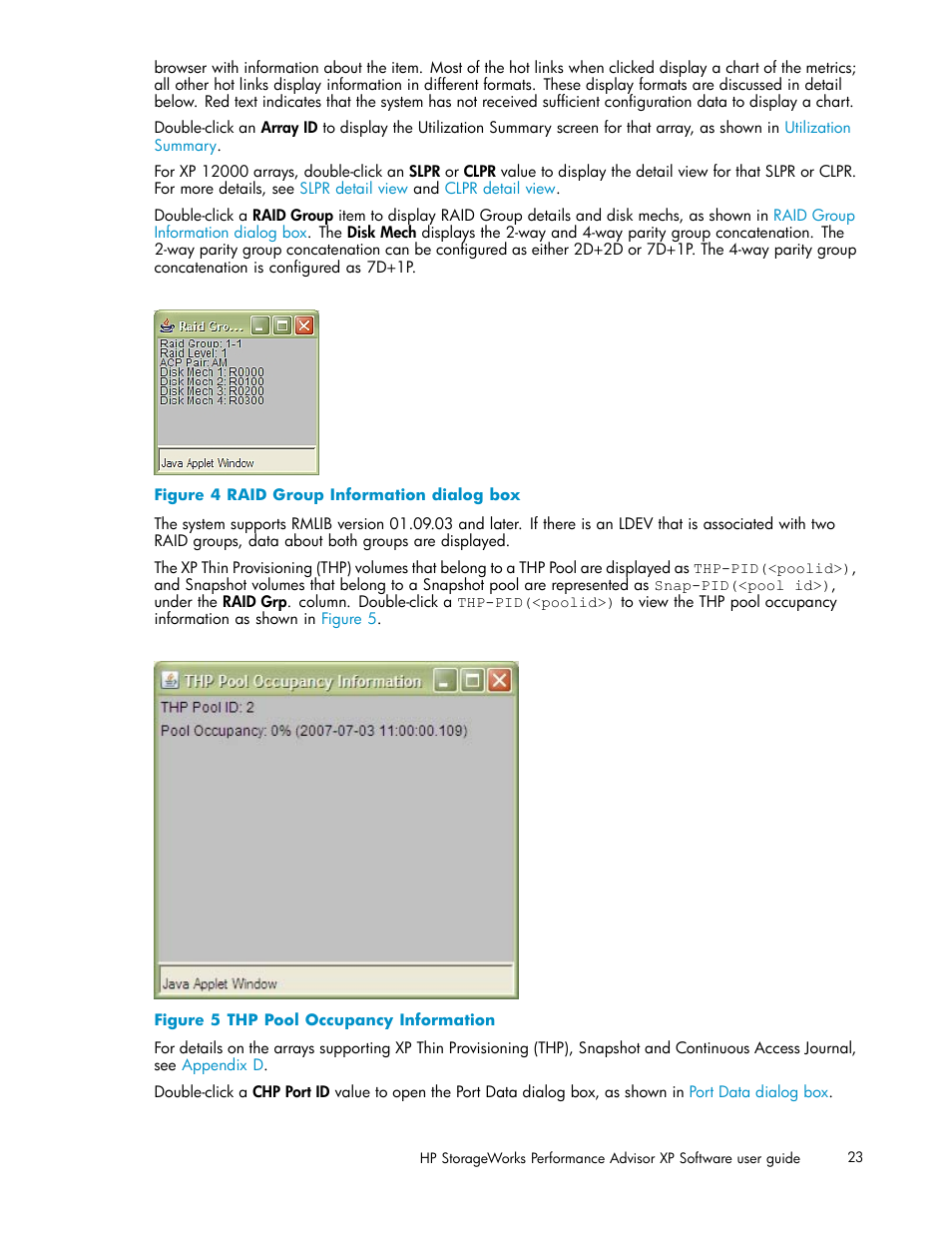 Raid group information dialog box, Thp pool occupancy information | HP XP Performance Advisor Software User Manual | Page 23 / 165