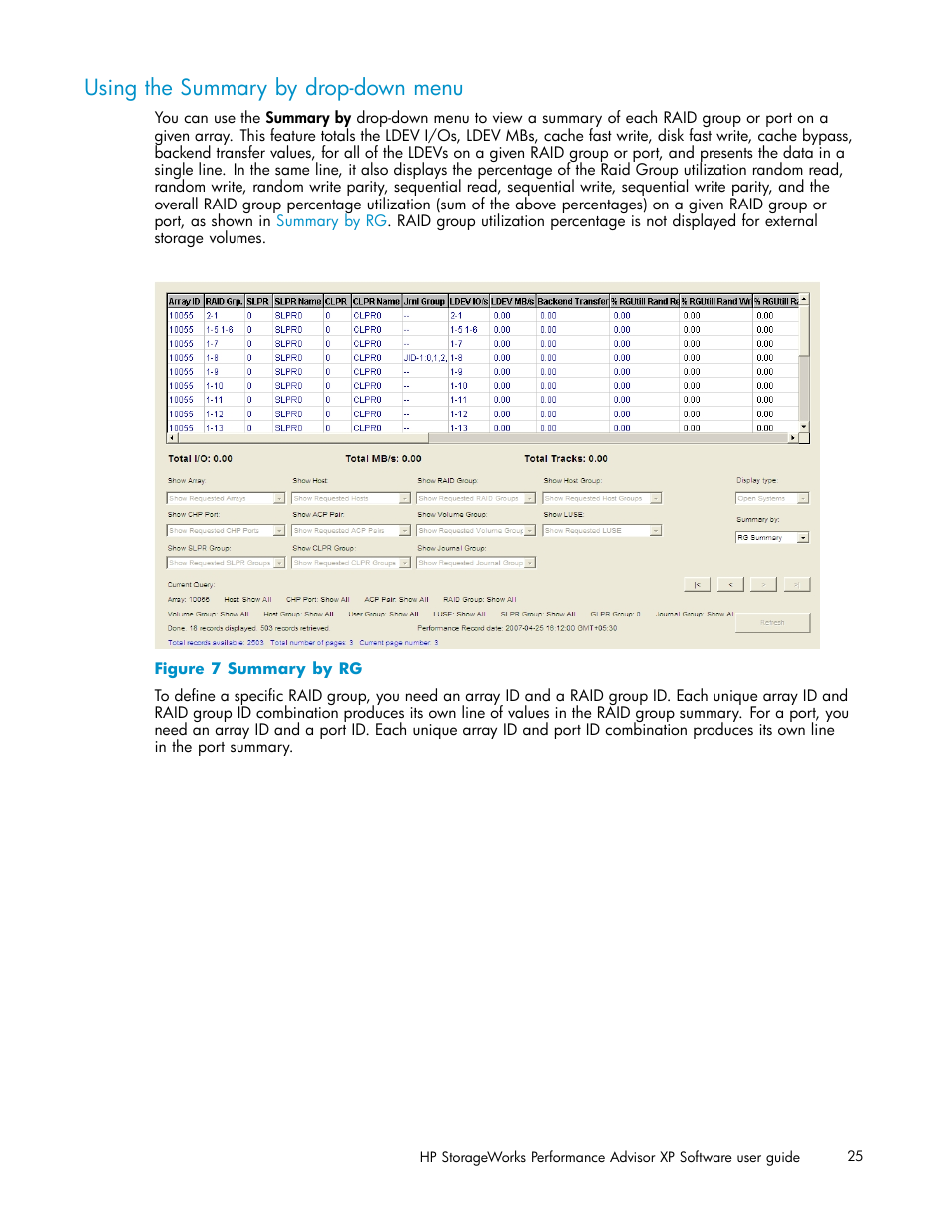 Using the summary by drop-down menu, Summary by rg | HP XP Performance Advisor Software User Manual | Page 25 / 165