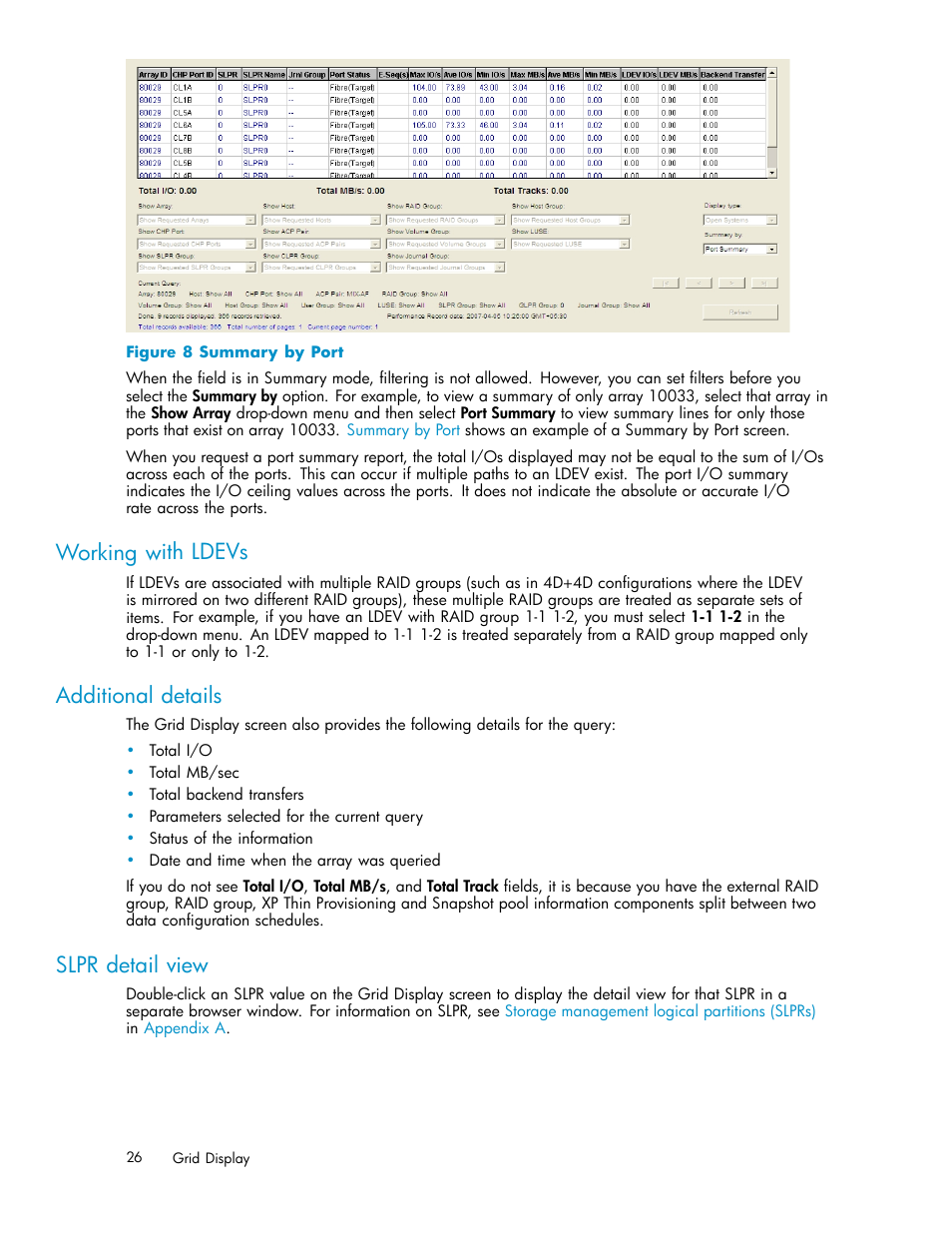 Working with ldevs, Additional details, Slpr detail view | Summary by port | HP XP Performance Advisor Software User Manual | Page 26 / 165