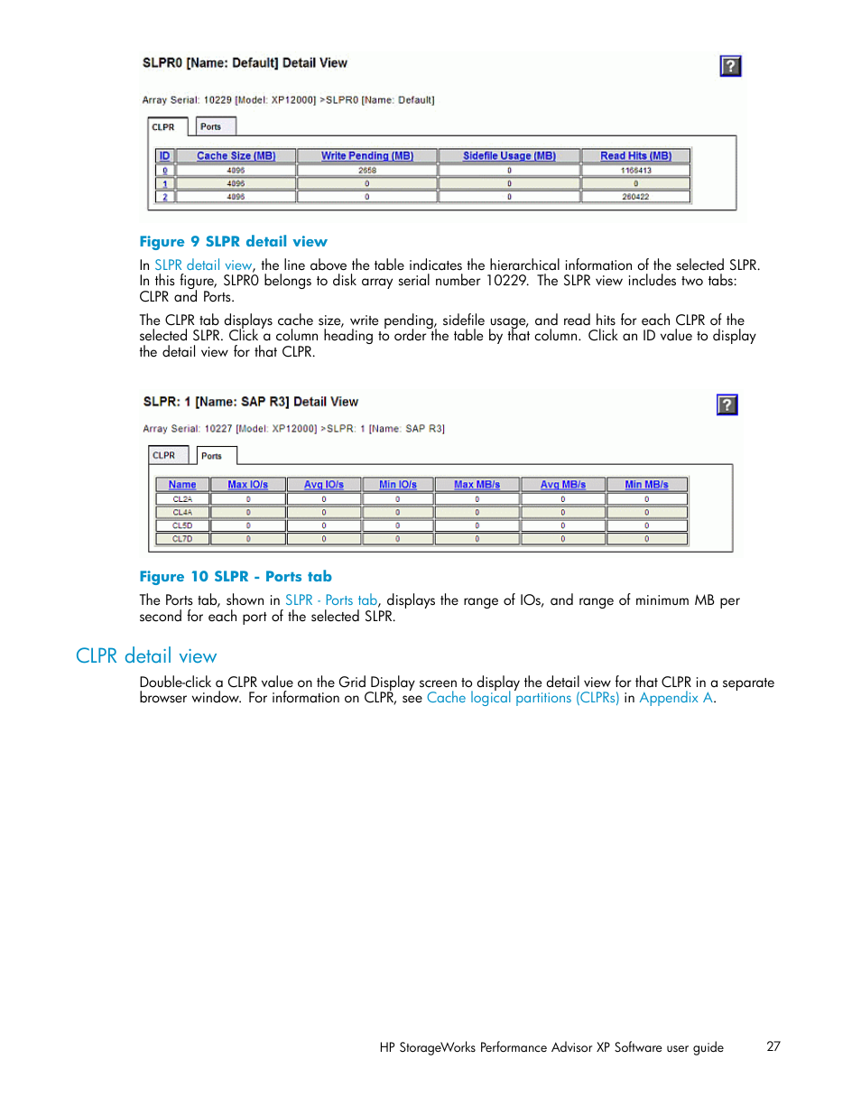 Clpr detail view, Slpr detail view, Slpr - ports tab | HP XP Performance Advisor Software User Manual | Page 27 / 165