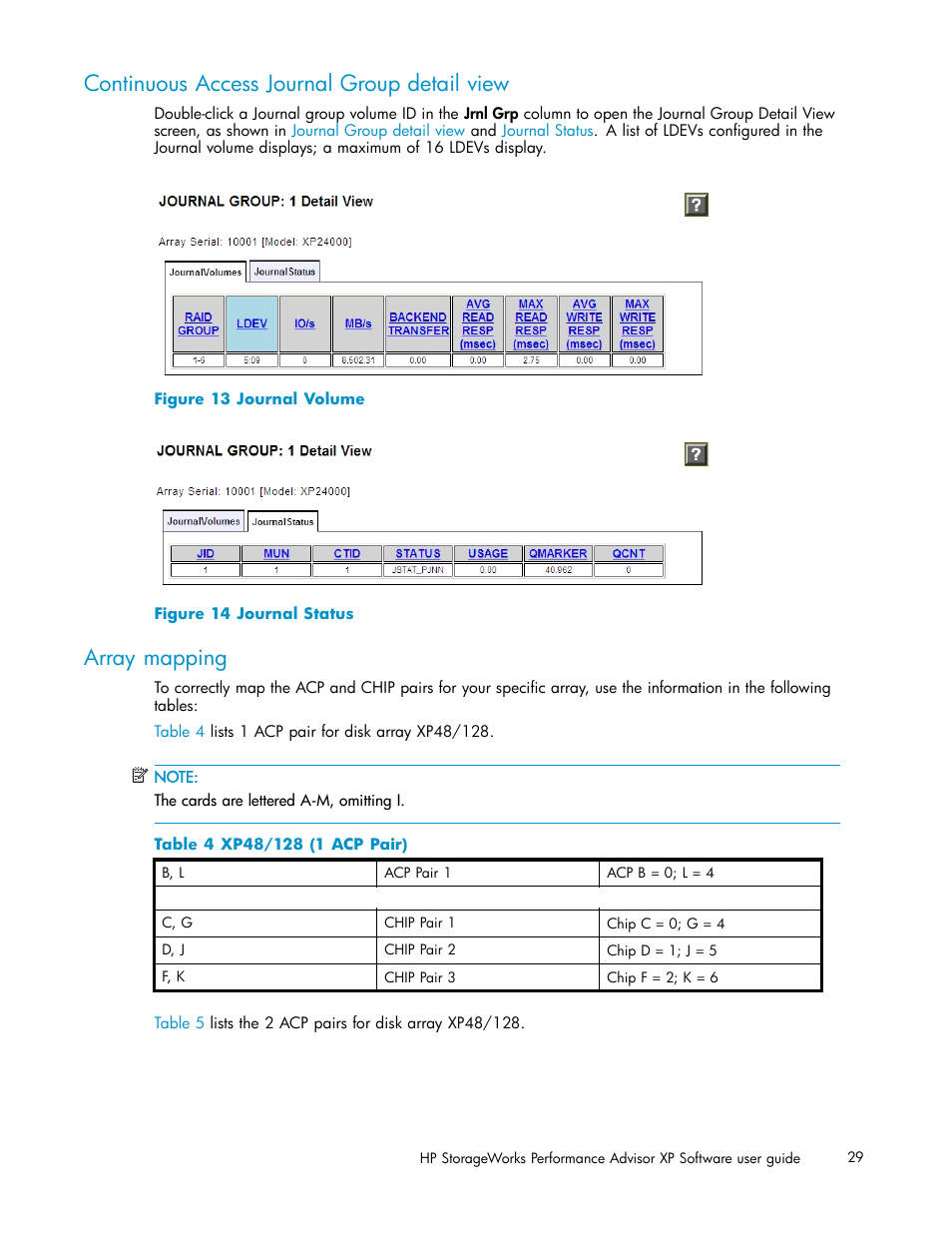 Continuous access journal group detail view, Array mapping, Journal volume | Journal status, Xp48/128 (1 acp pair) | HP XP Performance Advisor Software User Manual | Page 29 / 165