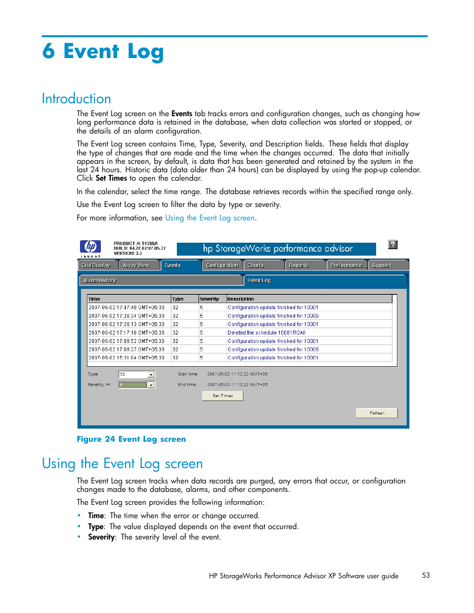 6 event log, Introduction, Using the event log screen | Event log screen | HP XP Performance Advisor Software User Manual | Page 53 / 165