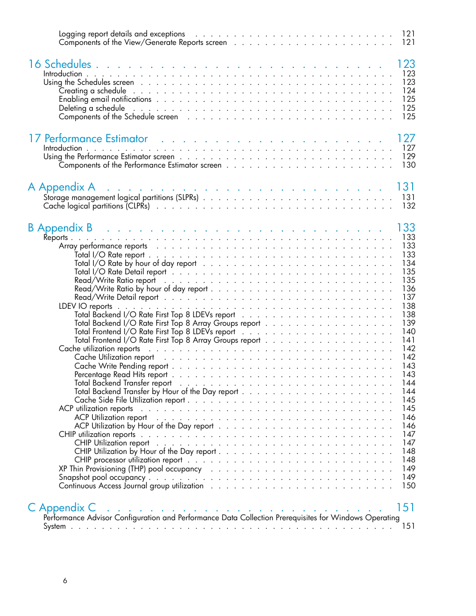 16 schedules, 17 performance estimator, A appendix a | B appendix b, C appendix c | HP XP Performance Advisor Software User Manual | Page 6 / 165