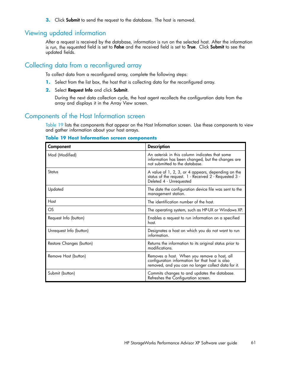 Viewing updated information, Collecting data from a reconfigured array, Components of the host information screen | Host information screen components | HP XP Performance Advisor Software User Manual | Page 61 / 165