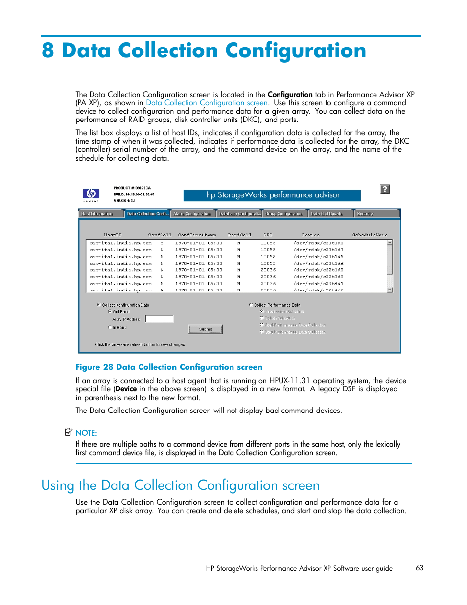 8 data collection configuration, Using the data collection configuration screen, Data collection configuration screen | Data collection configuration | HP XP Performance Advisor Software User Manual | Page 63 / 165