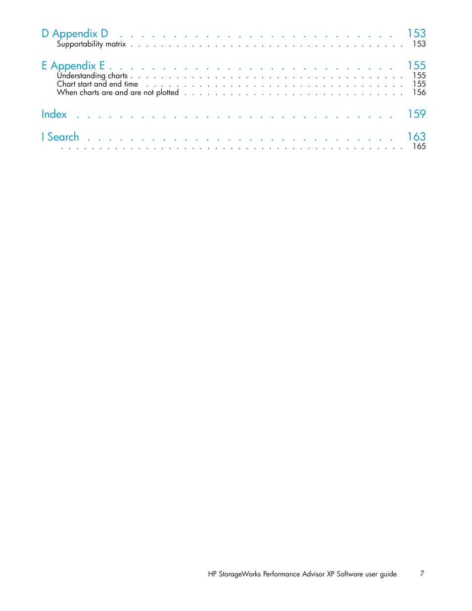 D appendix d, E appendix e, Index i search | HP XP Performance Advisor Software User Manual | Page 7 / 165