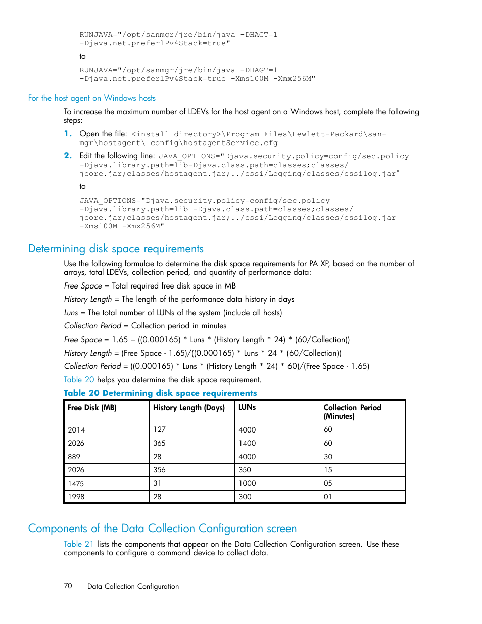 Determining disk space requirements | HP XP Performance Advisor Software User Manual | Page 70 / 165