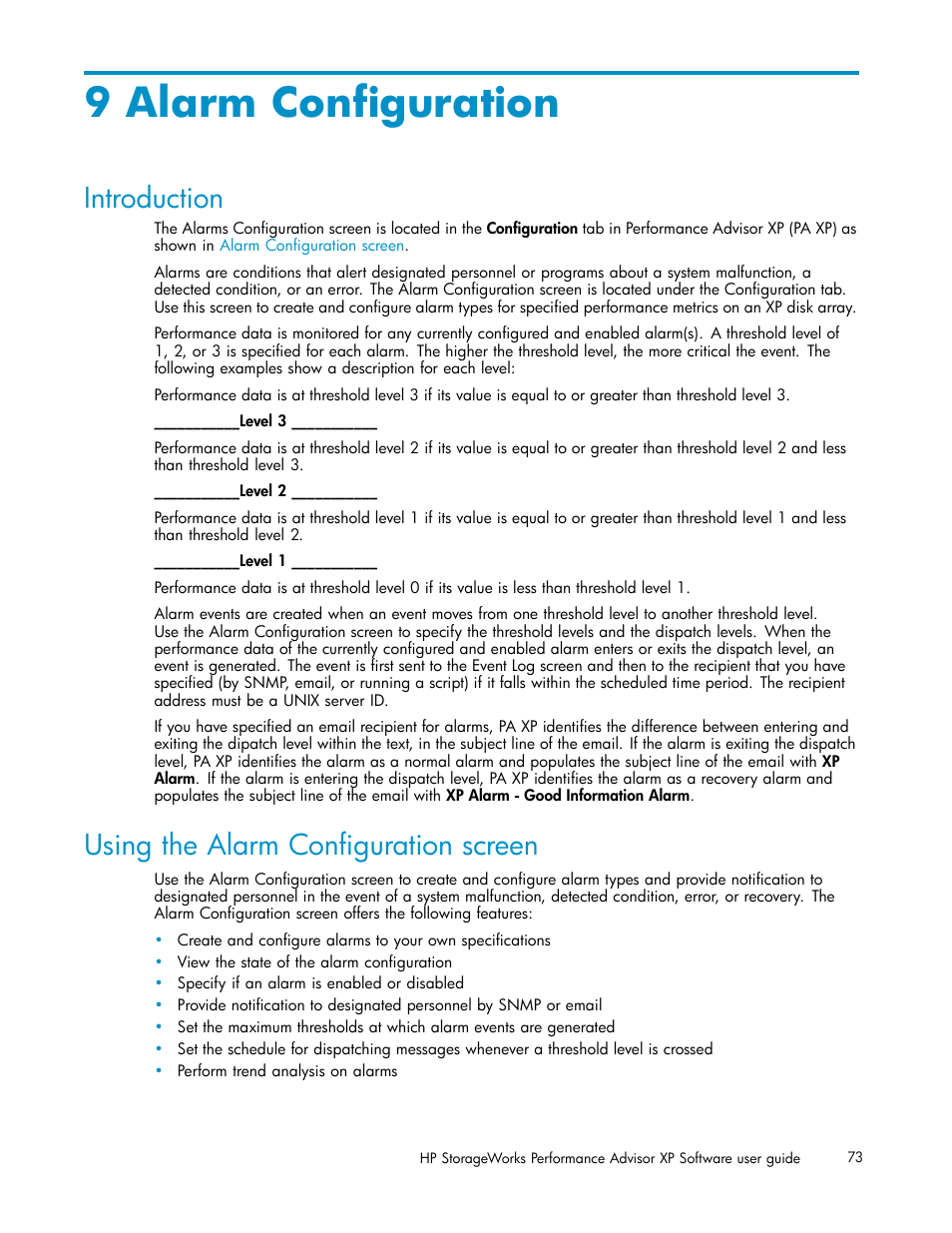 9 alarm configuration, Introduction, Using the alarm configuration screen | HP XP Performance Advisor Software User Manual | Page 73 / 165