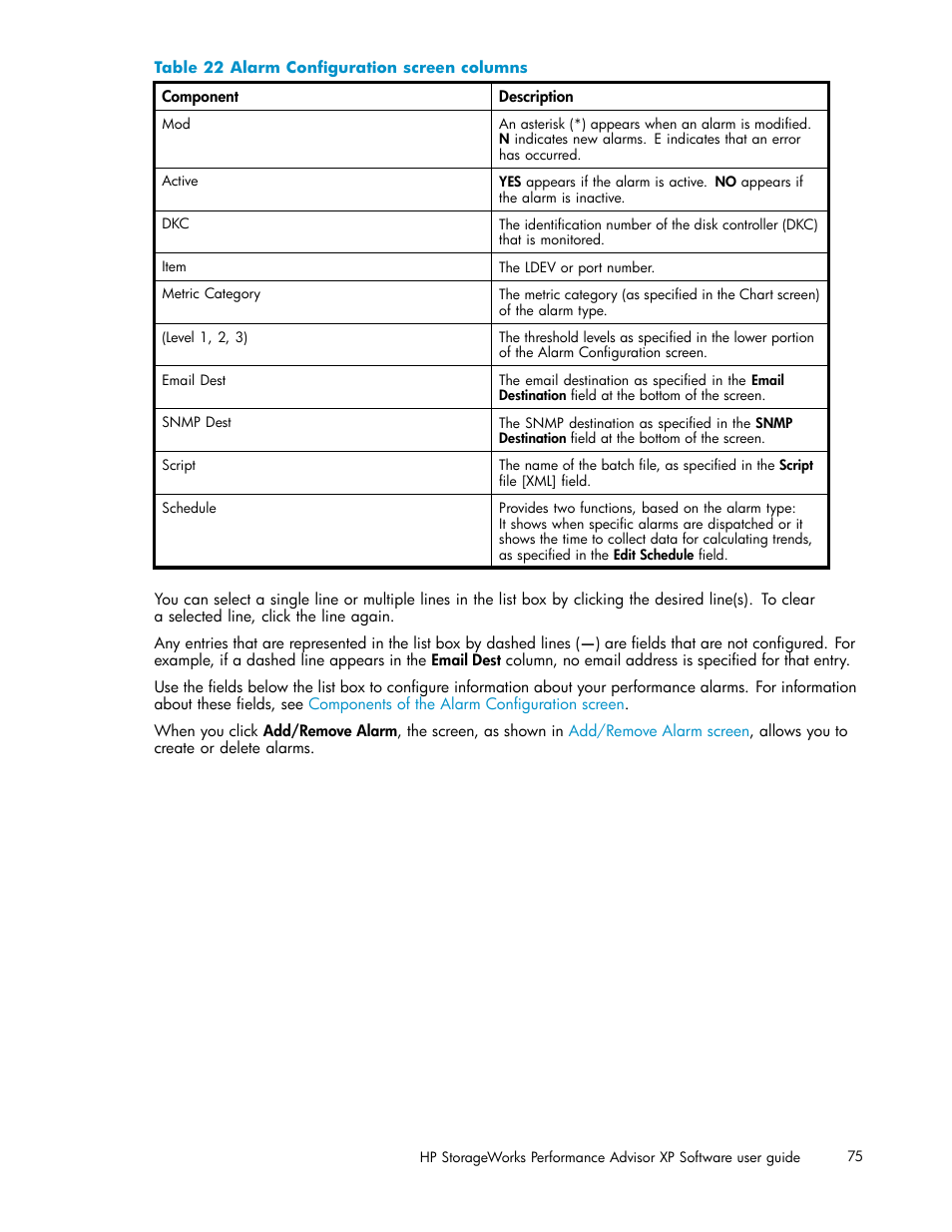 Alarm configuration screen columns | HP XP Performance Advisor Software User Manual | Page 75 / 165
