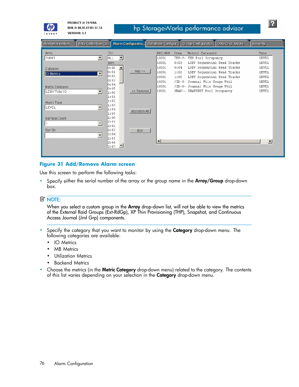Add/remove alarm screen | HP XP Performance Advisor Software User Manual | Page 76 / 165