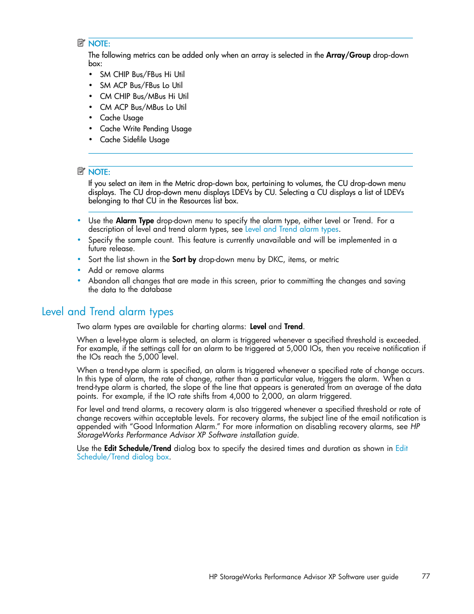 Level and trend alarm types | HP XP Performance Advisor Software User Manual | Page 77 / 165