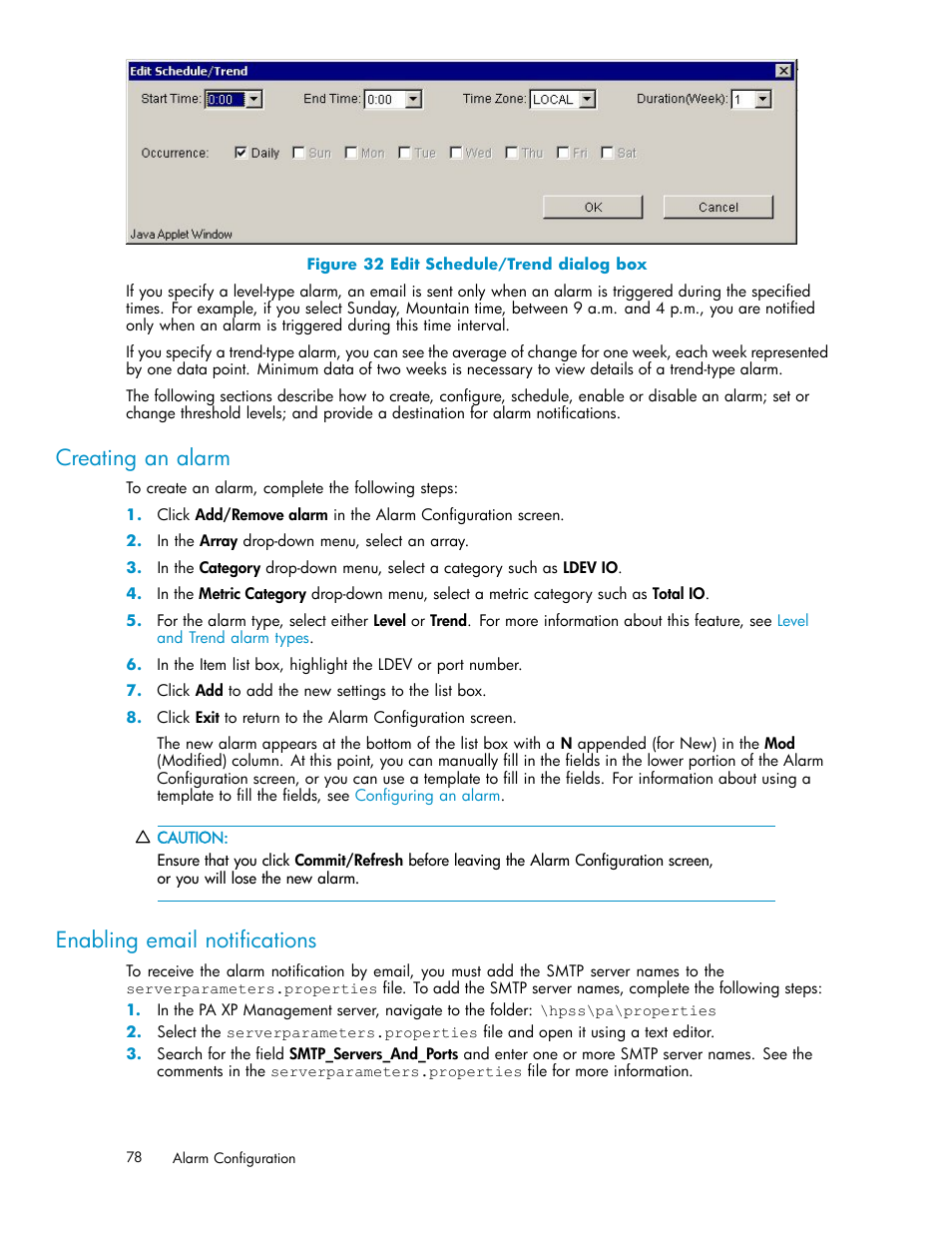 Creating an alarm, Enabling email notifications, Edit schedule/trend dialog box | HP XP Performance Advisor Software User Manual | Page 78 / 165