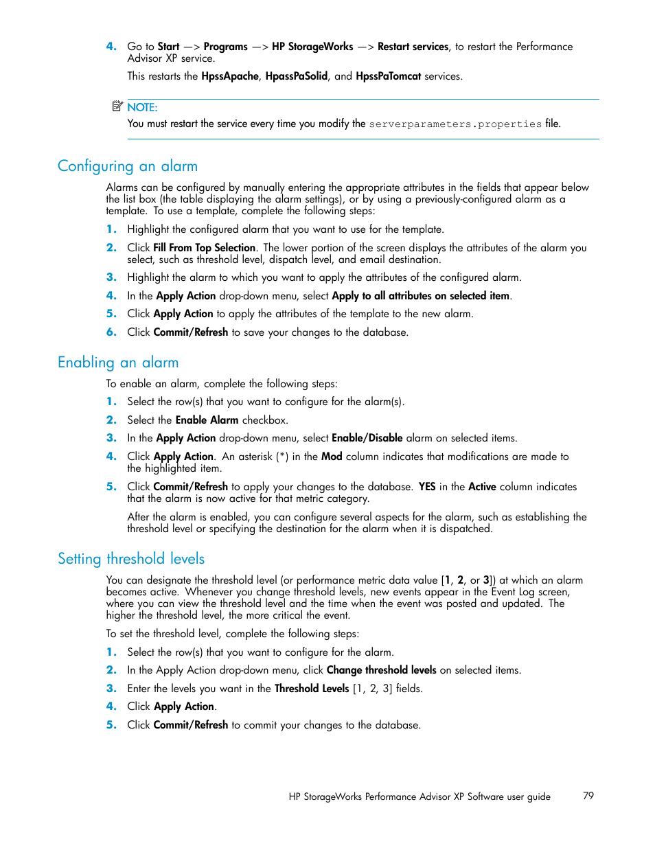 Configuring an alarm, Enabling an alarm, Setting threshold levels | HP XP Performance Advisor Software User Manual | Page 79 / 165