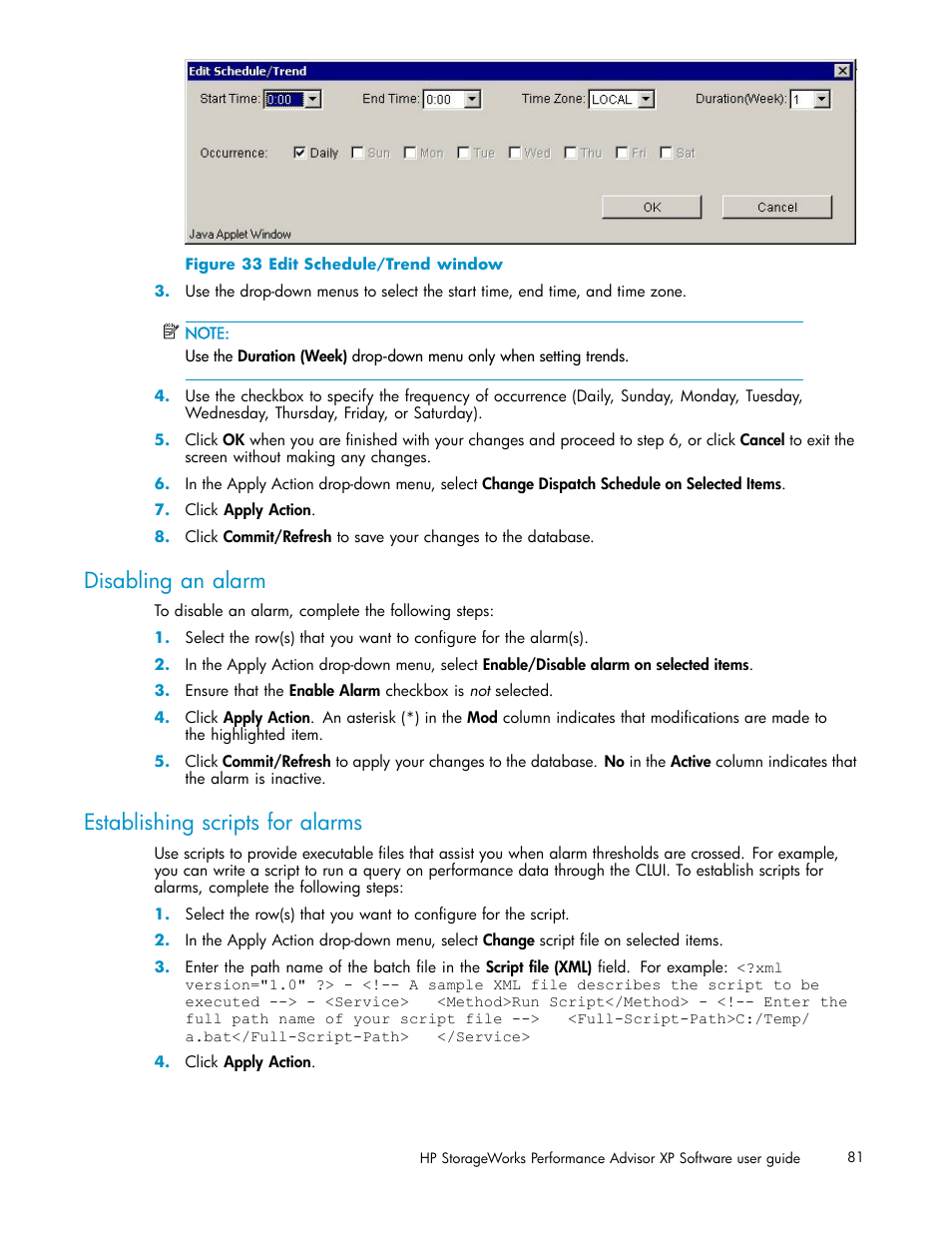 Disabling an alarm, Establishing scripts for alarms, Edit schedule/trend window | HP XP Performance Advisor Software User Manual | Page 81 / 165