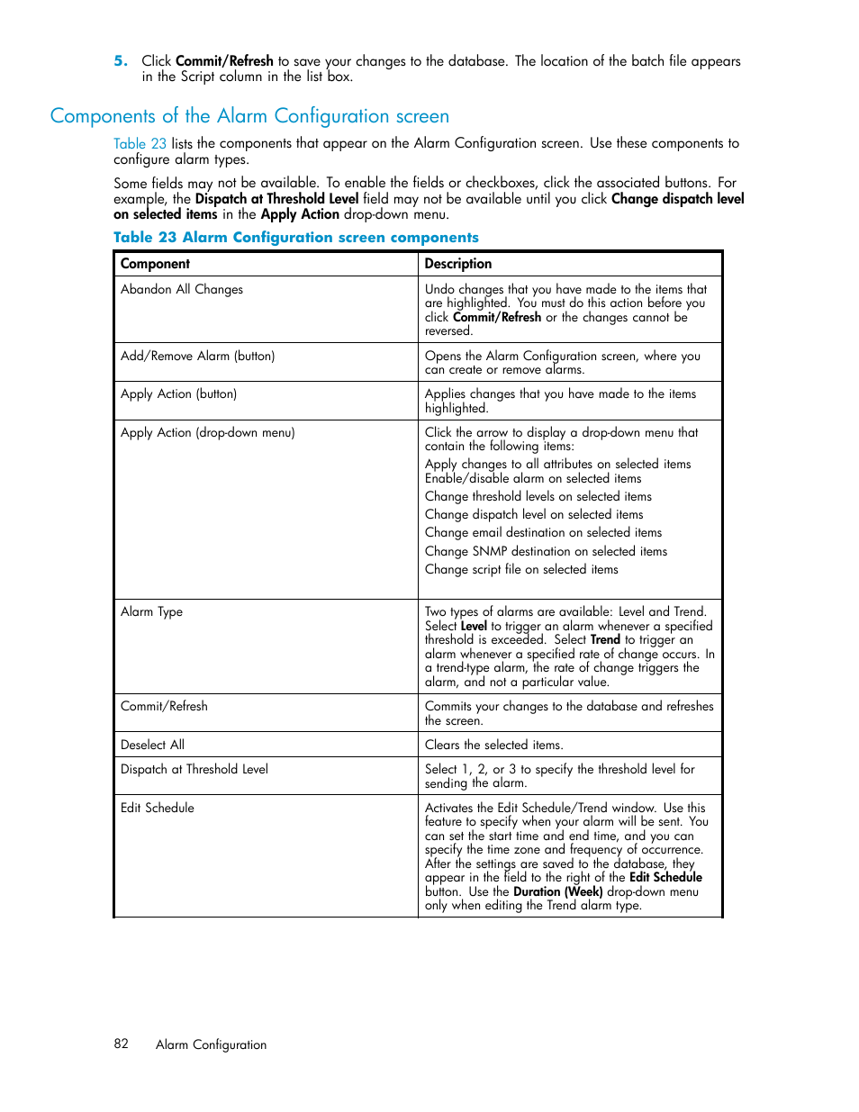 Components of the alarm configuration screen, Alarm configuration screen components | HP XP Performance Advisor Software User Manual | Page 82 / 165